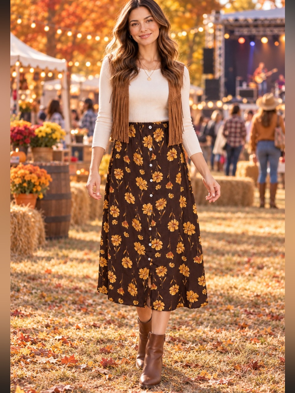 Uniform John Paul Richard Vintage90’s Brown Floral Button Front Midi Skirt L NWT